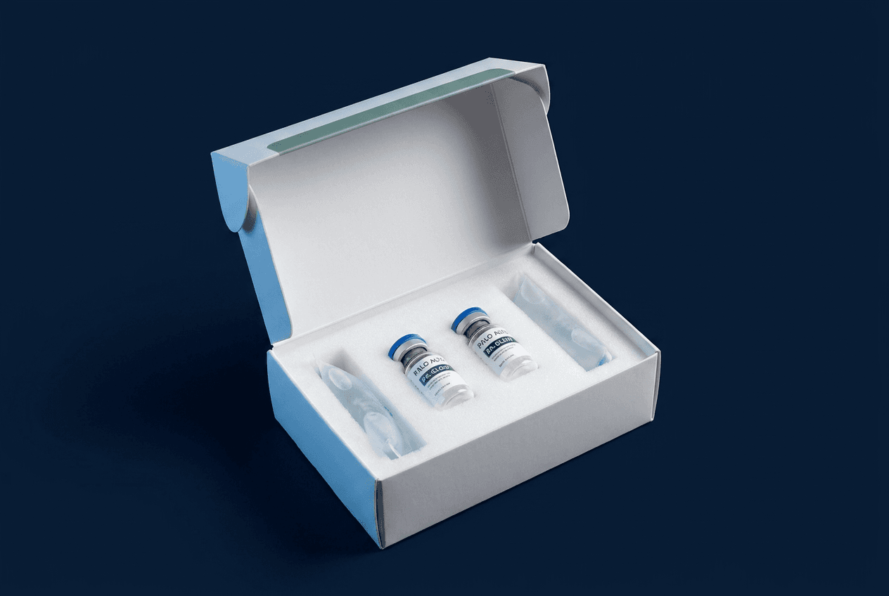 Open Palo Alto Peps shipping box with cold packs and peptide vials in protective foam